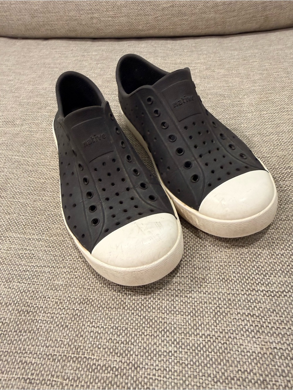 Native Black Slip-On Loafers with White Toe Caps